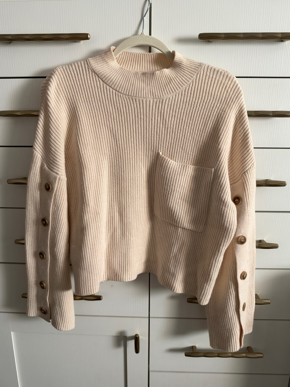 Mango Cream Ribbed Button Sleeve Pocket Sweater Size S